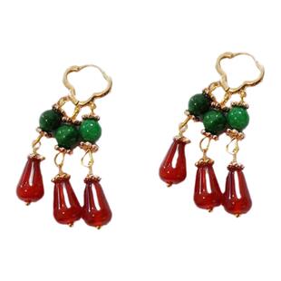 青绿定制 【绿肥红瘦】东陵玉淡水珍珠民族风古风四叶草形状耳钩