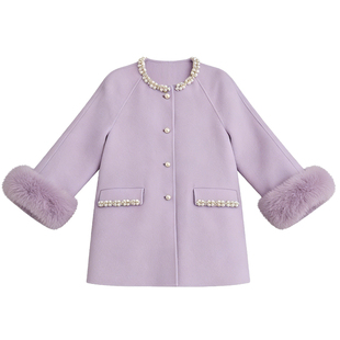 DPLAY100羊毛双面呢子大衣女珍珠狐狸毛紫色好看冬季毛呢外套