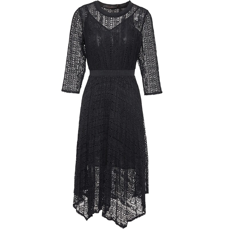 马天奴春夏新款女复古黑色中长款不规则蕾丝百褶连衣裙子时尚气质