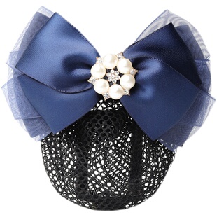 职业发网韩国护士银行酒店员工作珍珠蓝色头花网兜发饰女士蝴蝶结