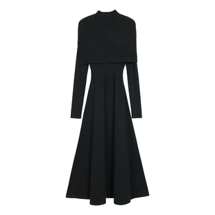 pusumede 戛纳幕影 黑色披肩针织连衣裙女气质优雅修身打底长裙