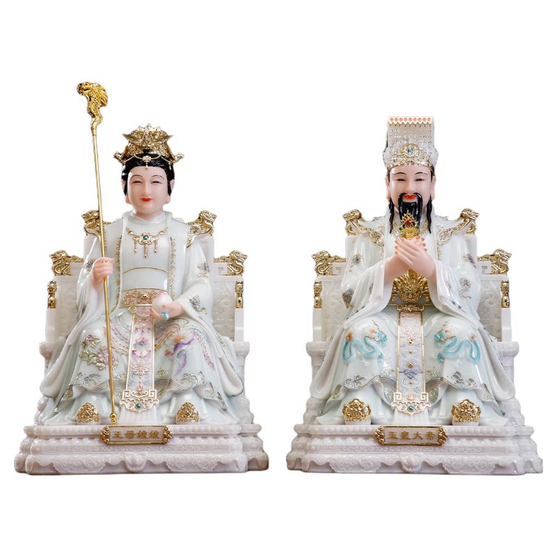 汉白玉彩绘玉帝王母神像佛堂摆件