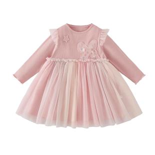 jellybaby女童裙子春儿童3拼接网纱裙女宝宝蝴蝶公主裙连衣裙春季