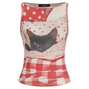 【明星同款】CIDER猫咪印花格纹褶皱背心式上衣114340963
