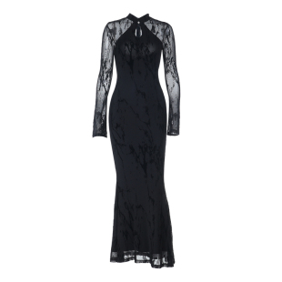 GirlsAt18 新中式改良旗袍黑色网纱连衣裙女秋季性感修身包臀长裙