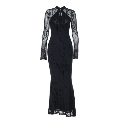 新中式改良旗袍黑色网纱连衣裙