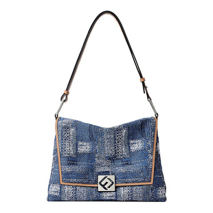 Fion/菲安妮巧锦叠叠包丹宁牛仔包大容量通勤托特包hobo单肩包