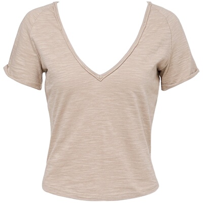 GYOKUU 卡其色收腰大V领短袖T恤