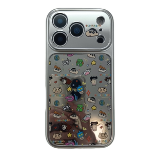 电镀镜面可爱蜡笔小新涂鸦带挂绳适用苹果17PRO手机壳搞怪iPhone16ProMax新款15pro女款小众13硅胶14防摔全包