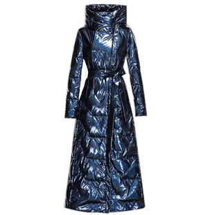 绿慕品牌羽绒服2025新款女冬时尚亮面藏蓝色加厚连帽长款过膝外套