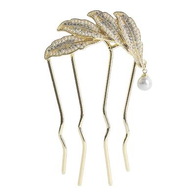 羽毛水钻盘发插梳高级感珍珠发插