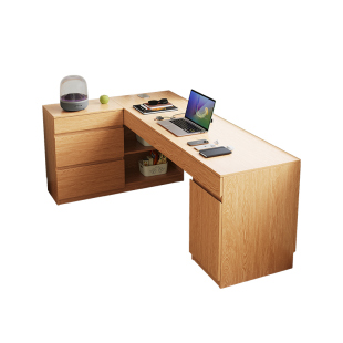 定制橡木书桌储物柜一体靠墙转角儿童写字桌卧室实木学习电脑桌子