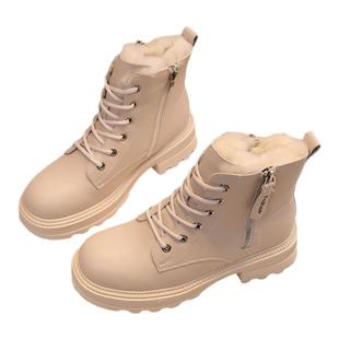 真皮雪地靴女休闲棉鞋保暖女鞋增高鞋子女款靴子时尚棉靴米色短靴