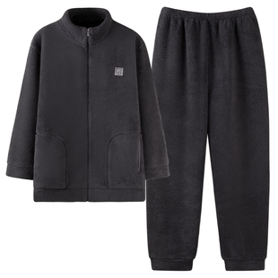 猫人睡衣男秋冬加绒加厚珊瑚绒法兰绒中老年爸爸羊羔绒家居服拉链