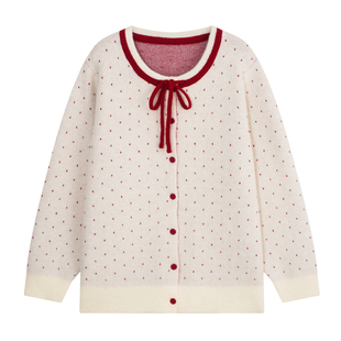 YUZI鱼子红波点复古针织开衫特大码女装胖mm少女宽松软糯圆领毛衣