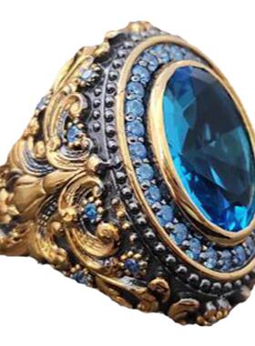 纯银镀金蓝色托帕石宝石雕刻戒指