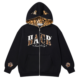 HACR豹纹猫耳朵卫衣 贴布绣宽松休闲连帽开衫外套