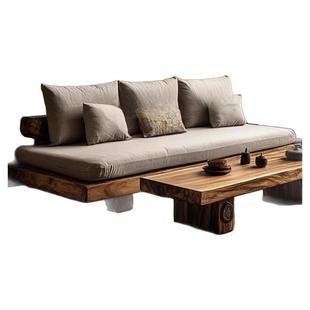 侘寂风实木沙发民宿酒店原木定制高端极简直排大堂中古床禅意家具