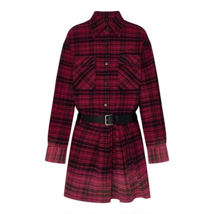 【商场同款】2025秋季新品棉质黑红格纹渐变色摇滚风附腰带连衣裙