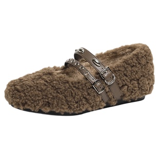 红蜻蜓毛毛鞋冬季新款一脚蹬女鞋加绒玛丽珍豆豆鞋毛绒保暖棉鞋