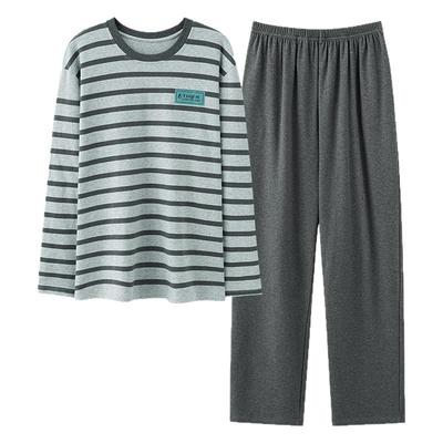 纯棉长袖睡衣男春秋季2025新款圆领条纹大码青少年学生家居服套装