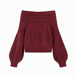 CIDER新年穿搭红色毛衣粗针织落肩灯笼袖一字肩宽松上衣114983064