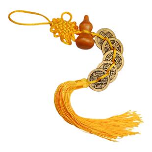 黄铜加厚黄中国结桃木葫芦五帝钱挂件黄绳三六七八九十帝钱满文背