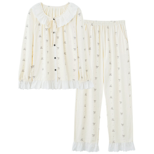 思莉太太睡衣秋冬款女纯棉长袖甜美可爱公主风无领小个子家居服