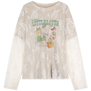 今屿花花 白色t恤女2025新款上衣显瘦宽松蕾丝长袖刺绣初秋设计感