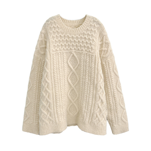 3ts 12/27秋冬绞花毛衣羊毛混纺宽松慵懒针织衫纯色圆领套头毛衣