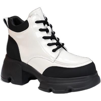 千百度马丁靴牛皮拼接厚底短靴