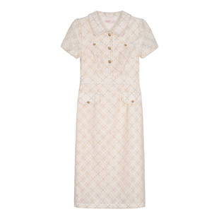 固执夏季新款法式气质名媛小香风蕾丝高腰a字短袖中长连衣裙