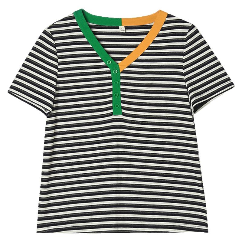 2025年夏Outlets正品 高端HH系列 弹力撞色修身上衣休闲条纹T恤女