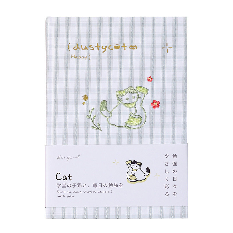 学堂小喵刺绣布面笔记本子甜美可爱横线日记本办公打卡记录手账本