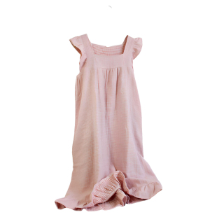 长款纯棉背心睡裙色织双层纱布方领无袖夏季薄家居裙女中长款套头