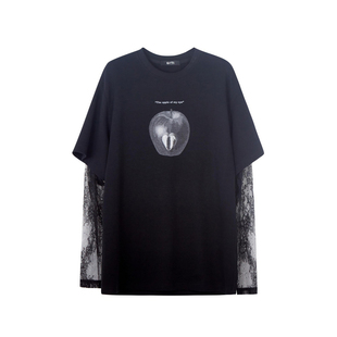 U/TI棉感假两件长袖T恤女圆领直筒网纱拼接打底尤缇2026春季新款