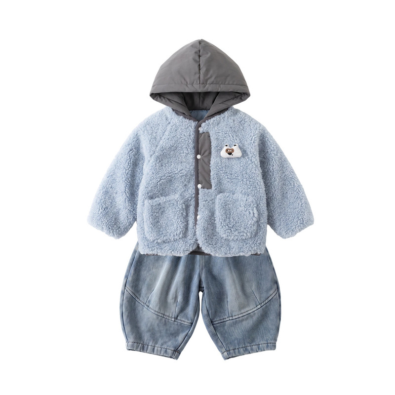 韩系男童保暖连帽棉服牛仔裤套装