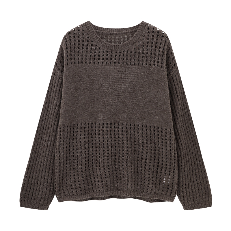 Basic House/百家好镂空透气毛衣2025秋装气质宽松套头圆领上衣女