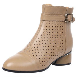 真皮镂空凉靴女中跟春夏透气短靴洞洞鞋大码女靴粗跟软底妈妈靴子