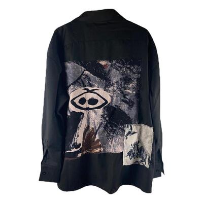 贴布宽松休闲黑色超长衬衫男女