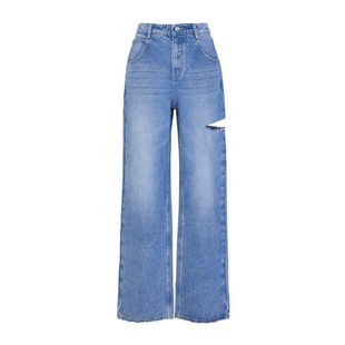 婉甸2025夏季新品幻蓝色镭射阔腿裤高腰牛仔裤1242X04SX4