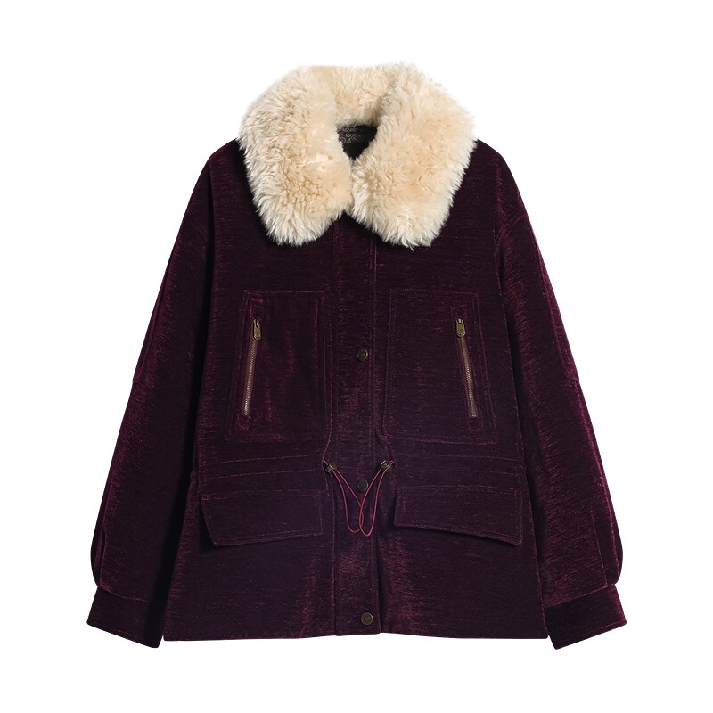 【90白鸭绒】Desigual26秋冬收腰毛领长袖腰果印花里布女式羽绒服