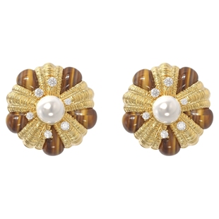 Mouhooland/暮后之地杏花系列虎眼石杏花编织耳钉925银针耳饰金色