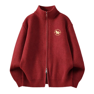 班尼路S&K系列红色毛衣男款冬马年本命年针织衫青少年立领外套LF