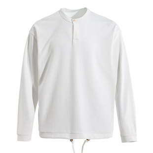 海上公路单扣长袖T恤男士春季棉混纺肌理感亨利领暗条纹内搭上衣