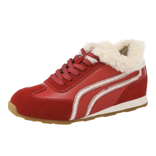 MILLIE'S/妙丽红色系带德训鞋女秋冬加绒毛毛棉鞋内增高运动鞋Q