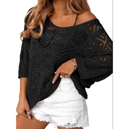 K 69436 Crochet Hollow Sleeve Shoulder T-Shirt 镂空露肩毛衣