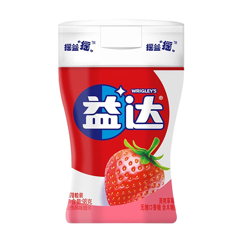 益达口香糖98g瓶装70粒草莓混合水果味清新口气办公室休闲零食