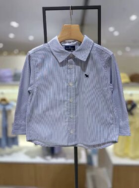 韩国童装春秋新款男童宝洋气柔软蓝色条纹长袖衬衫 帅气翻领衬衫