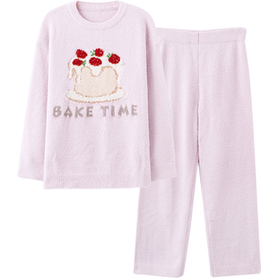 思莉太太半边绒睡衣女款秋冬季加厚加绒粉色甜美小个子冬天家居服